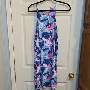 Starfish Print Dress in Blue and Pink